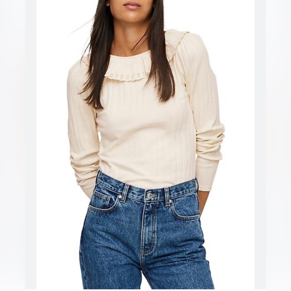 MANGO Ruffle-Collar Rib-Knit Cream Top Shirt